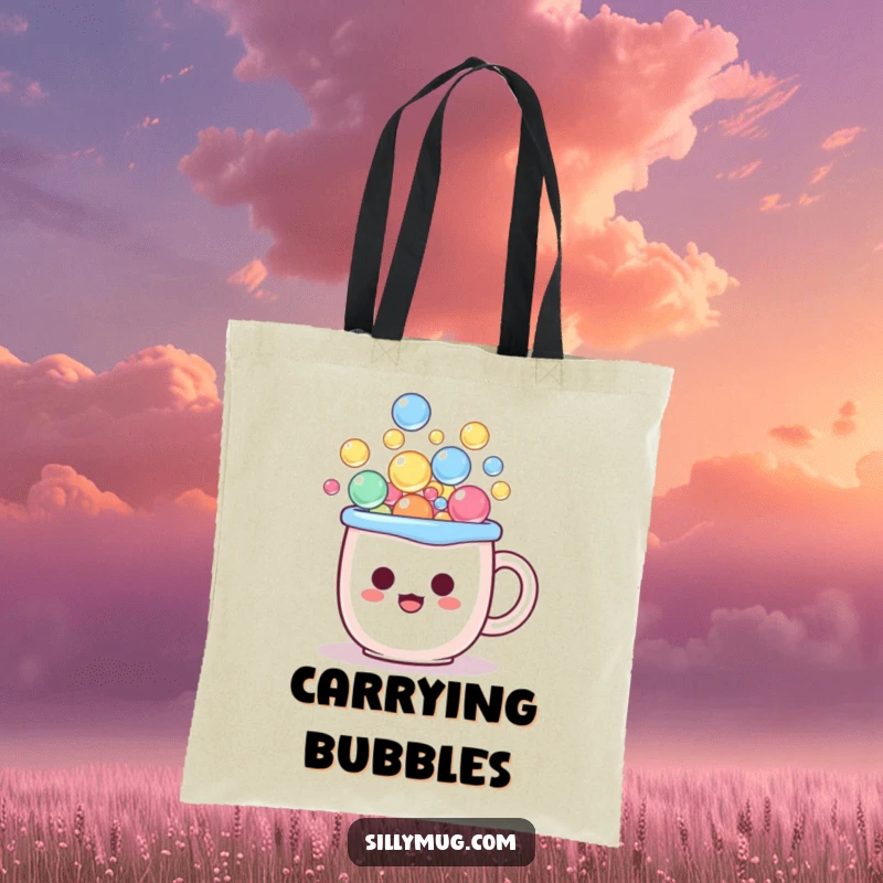 Funny kawaii tote bag with a mug character spilling colorful bubbles, expressing comical surprise, perfect for stylish carrying.