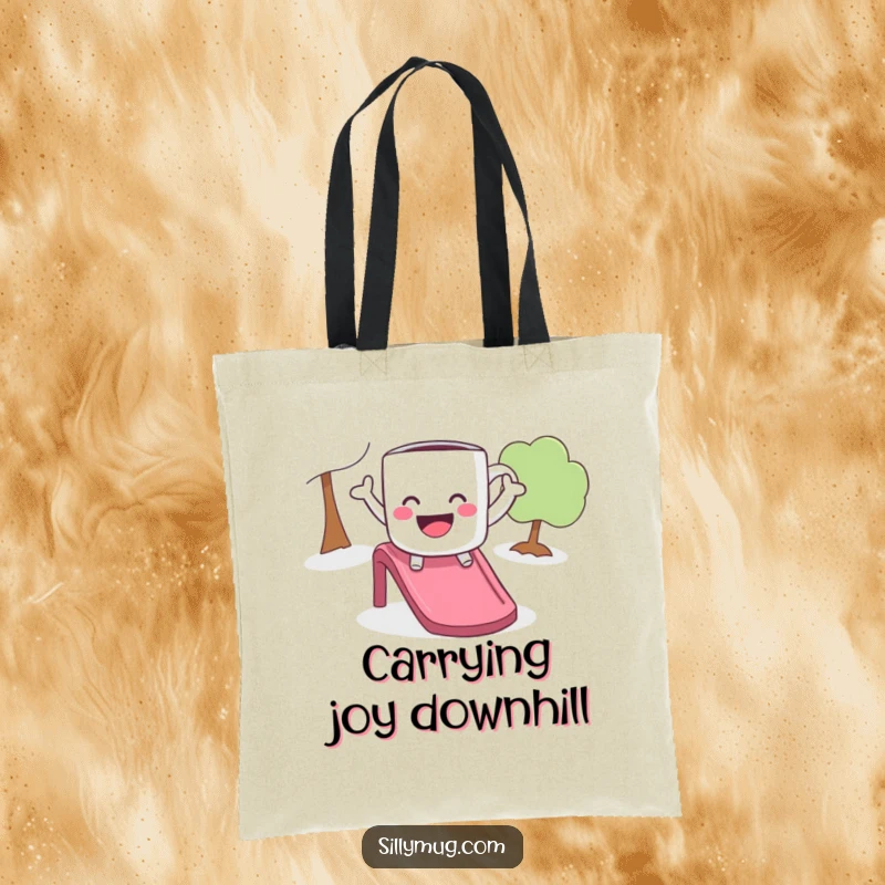 Funny tote bag showing a playful mug with arms out, joyfully sliding down a slide, a humorous and practical accessory.