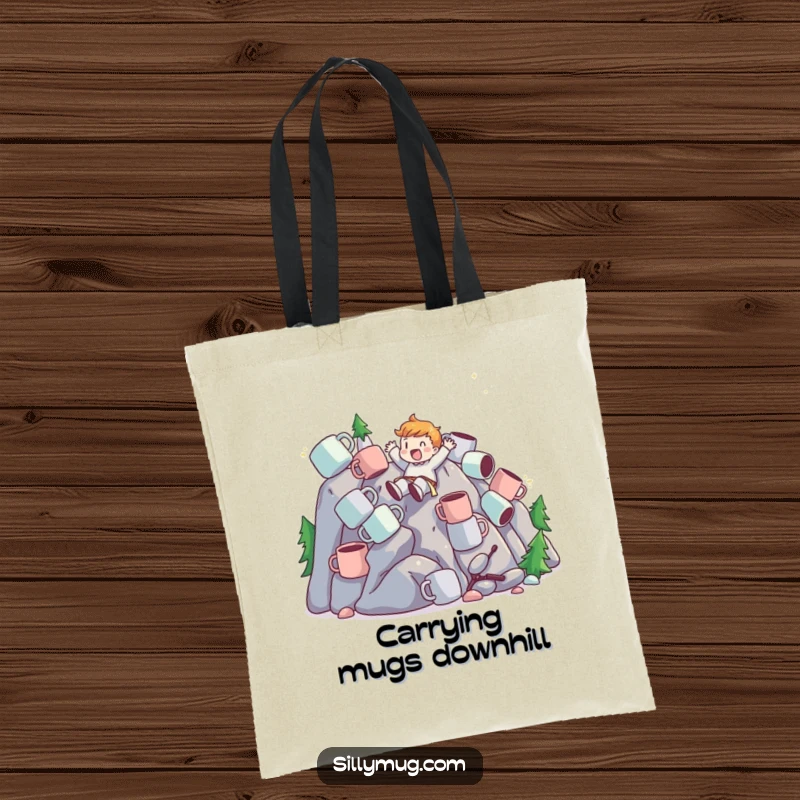 Funny Tote Bag with a character sliding down a mountain of mugs, perfect for carrying daily items with a humorous coffee theme.