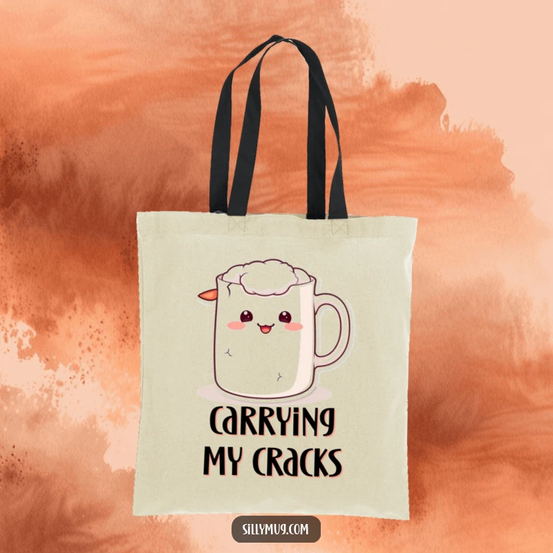 Funny kawaii tote bag with a mug character sporting a cracked handle and a sheepish grin, perfect for stylish carrying.