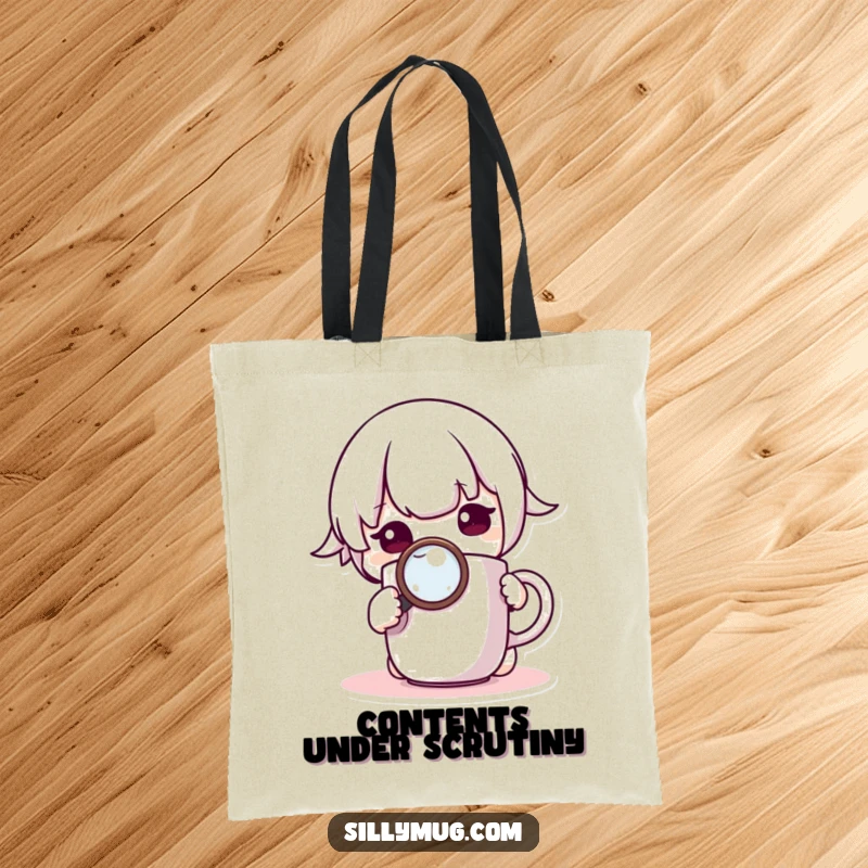 Funny Tote Bag: A curious Kawaii character explores a mug with a magnifying glass, showing off a detailed and humorous design.