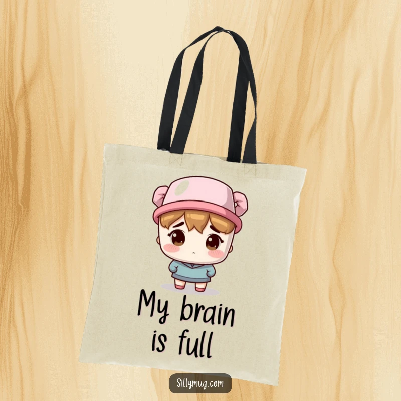 Funny Tote Bag: A character sports a coffee mug on their head like a hat, looking bewildered, a humorous accessory.