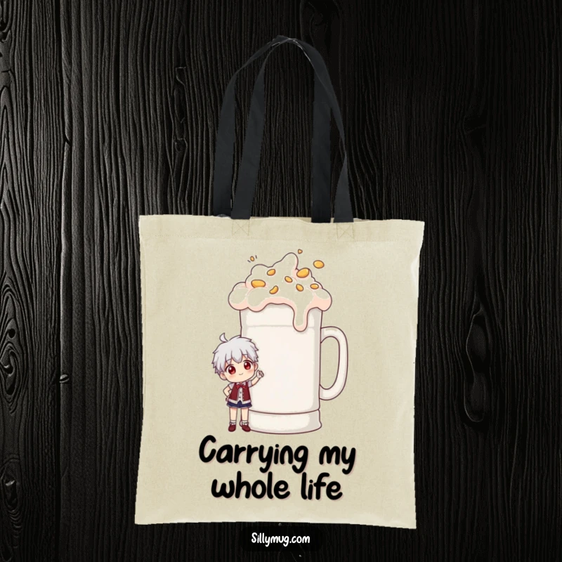 Funny tote bag featuring a character posing proudly beside an enormous, overflowing coffee mug, perfect for coffee lovers on the go.