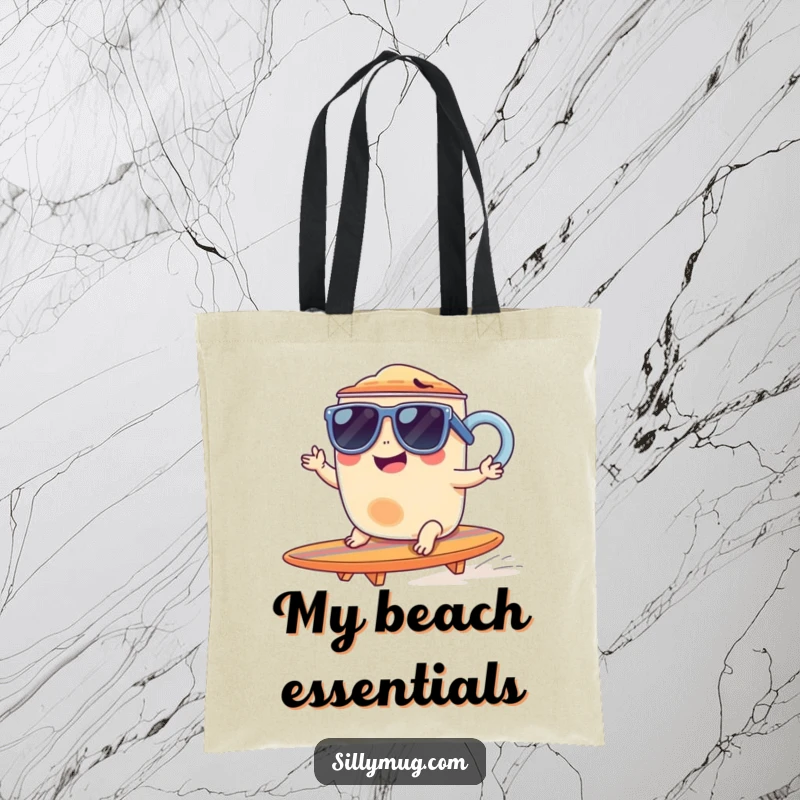 Funny tote bag showing a giggling mug in sunglasses, riding a tiny surfboard, a humorous and practical beach accessory.