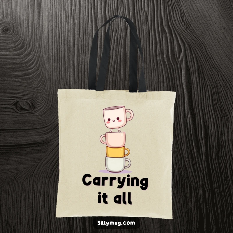 Funny tote bag showcasing a kawaii mug character balancing on a stack of mugs, ideal for shopping and smiles.