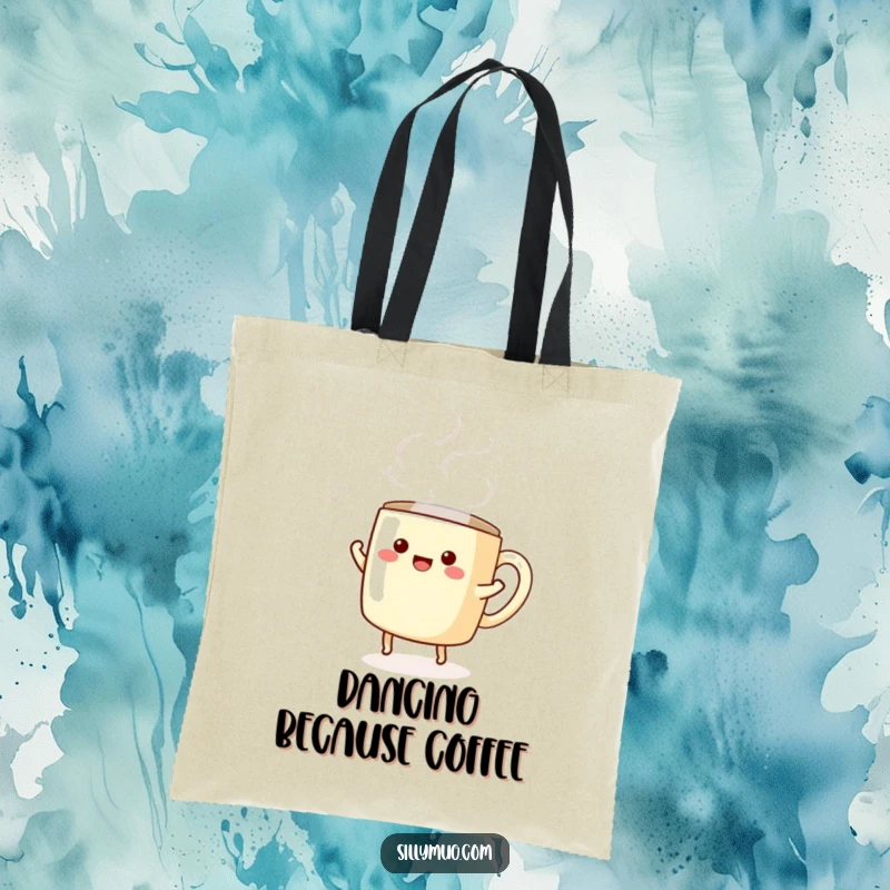 Funny tote bag with a kawaii mug character performing a happy dance, steam swirling, ideal for groceries and smiling.