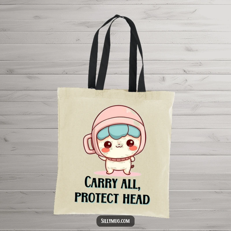 Funny Tote Bag: A mischievous Kawaii character sports a mug as a helmet, showcasing a bold and humorous attitude.