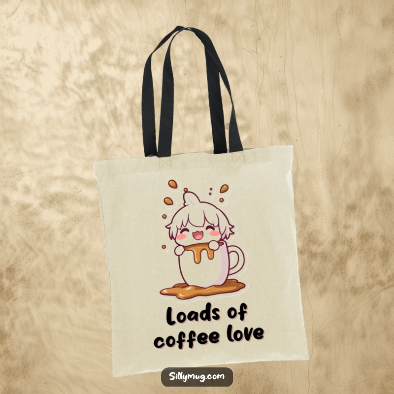 Funny Kawaii character tote bag, joyfully spilling coffee from an overflowing mug, practical and humorous accessory for coffee lovers.